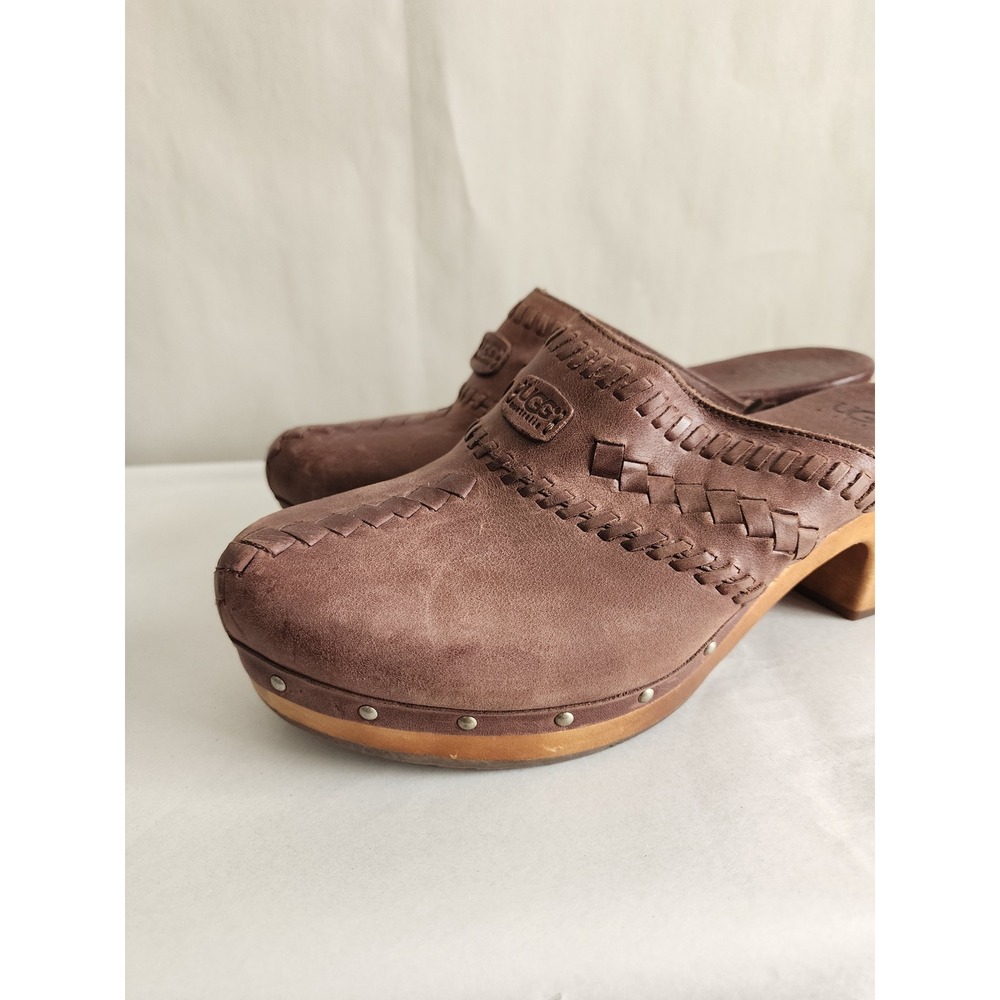 UGG Australia Brown Leather Woven Clogs Wooden Heel Mules 1952 Size 9